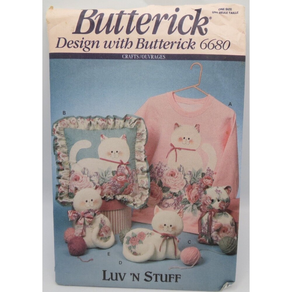 Butterick 6680 Crafts Applique Sweatshirt Pillow Stuffed Cat Toys One Size 90s